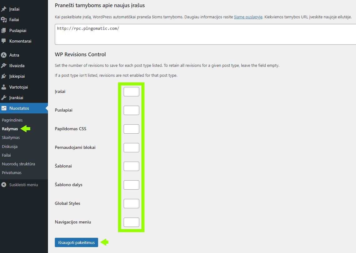 WP Revisions Control settings